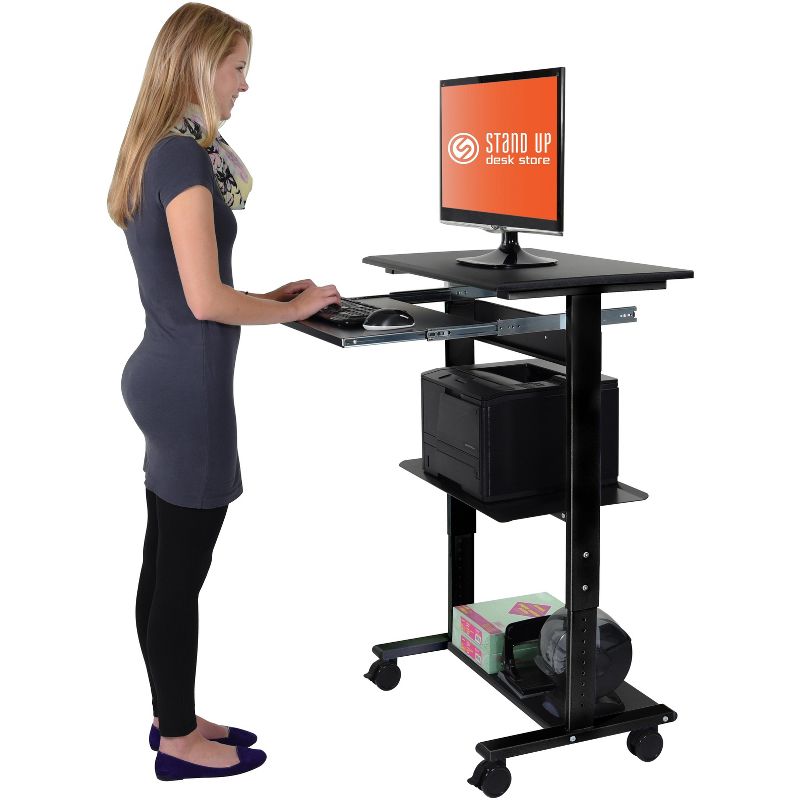 Stand Up Desk Store Mobile Rolling Adjustable Height Standing Workstation with Printer Shelf and Slideout Keyboard Tray, 4 of 5