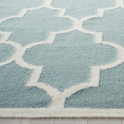 Light Blue and Ivory Wool Geometric Square Rug