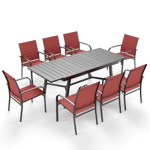 Captiva Designs 9pc Patio Slat-top Adjustable Steel Rectangle Table & Textilene Chairs - 1 of 4