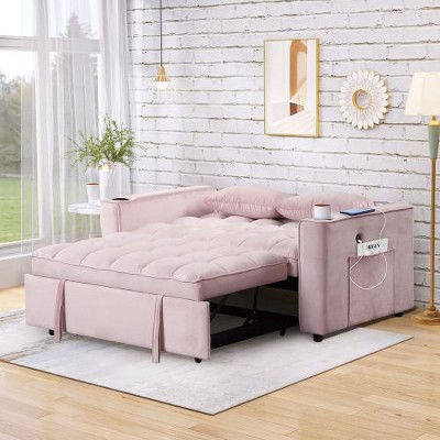 CAVINAS 58" Multi-functional Sofa Bed with Cup Holder and USB Port, Convertible Sofa, Velvet Loveseat Sofa for Living Room