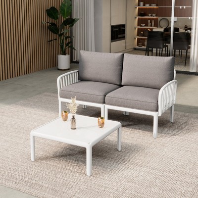 Chic Crate-3-Piece Modern Outdoor Patio Conversation Set with Square Table, Waterproof Thick Cushions White & Light Gray