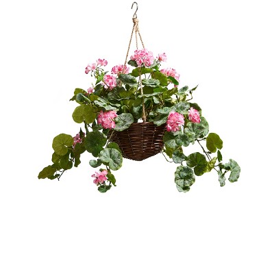 Nature Spring Hanging Geranium Faux Flowers Basket – Hot Pink
