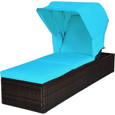 Tangkula Rattan Patio Chaise Lounge Chair W/ Adjustable Canopy Turquoise Cushion