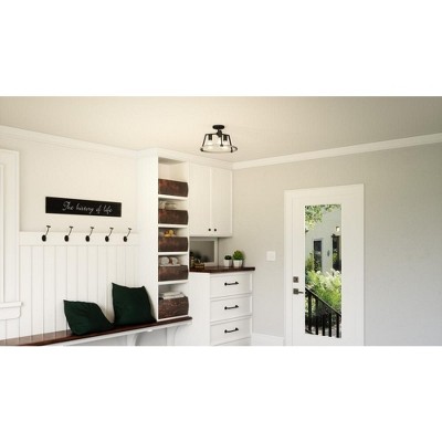 Matte Black and Wood 3-Light Semi-Flush Mount Ceiling Fixture