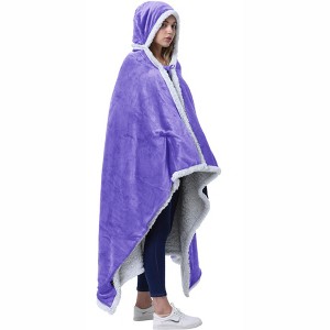 Catalonia Woman Fuzzy Wearable Blanket Hooded Shawl Wrap Cape with Inside Pocket, Woman Clothes Cozy Hooded Fleece Plush Blanket - 1 of 4