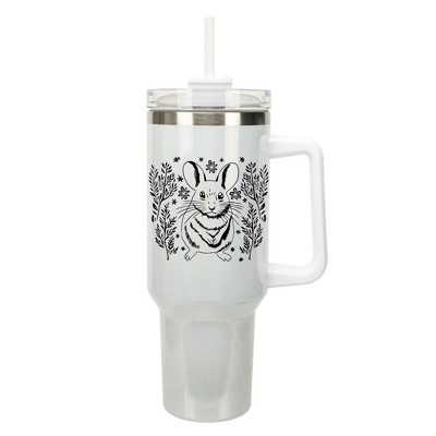 Elanze Designs 40 Ounce Travel Tumbler With Straw and Lid Stainless Steel Double Wall Insulated Charming Springtime Mouse White Glitter