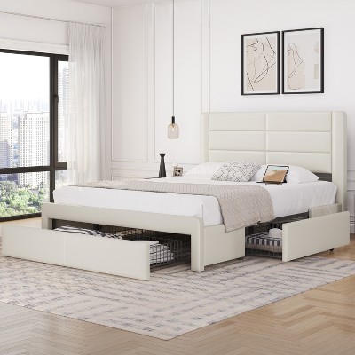Yaheetech Upholstered Bed Frame with 3 Storage Drawers and Built-In USB Ports
