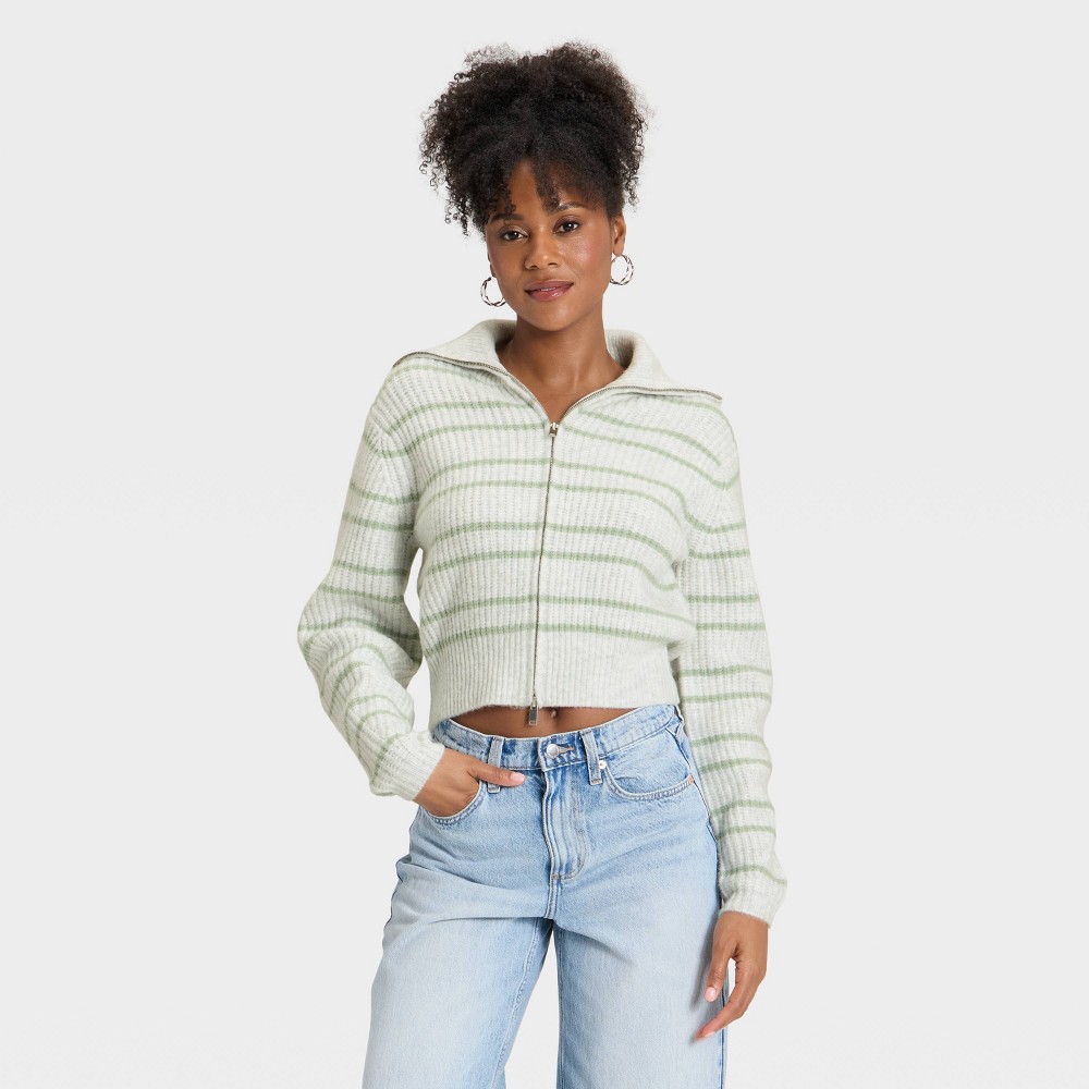 Women's Full Zip Cardigan Sweater - Universal Thread™ Green Striped XS