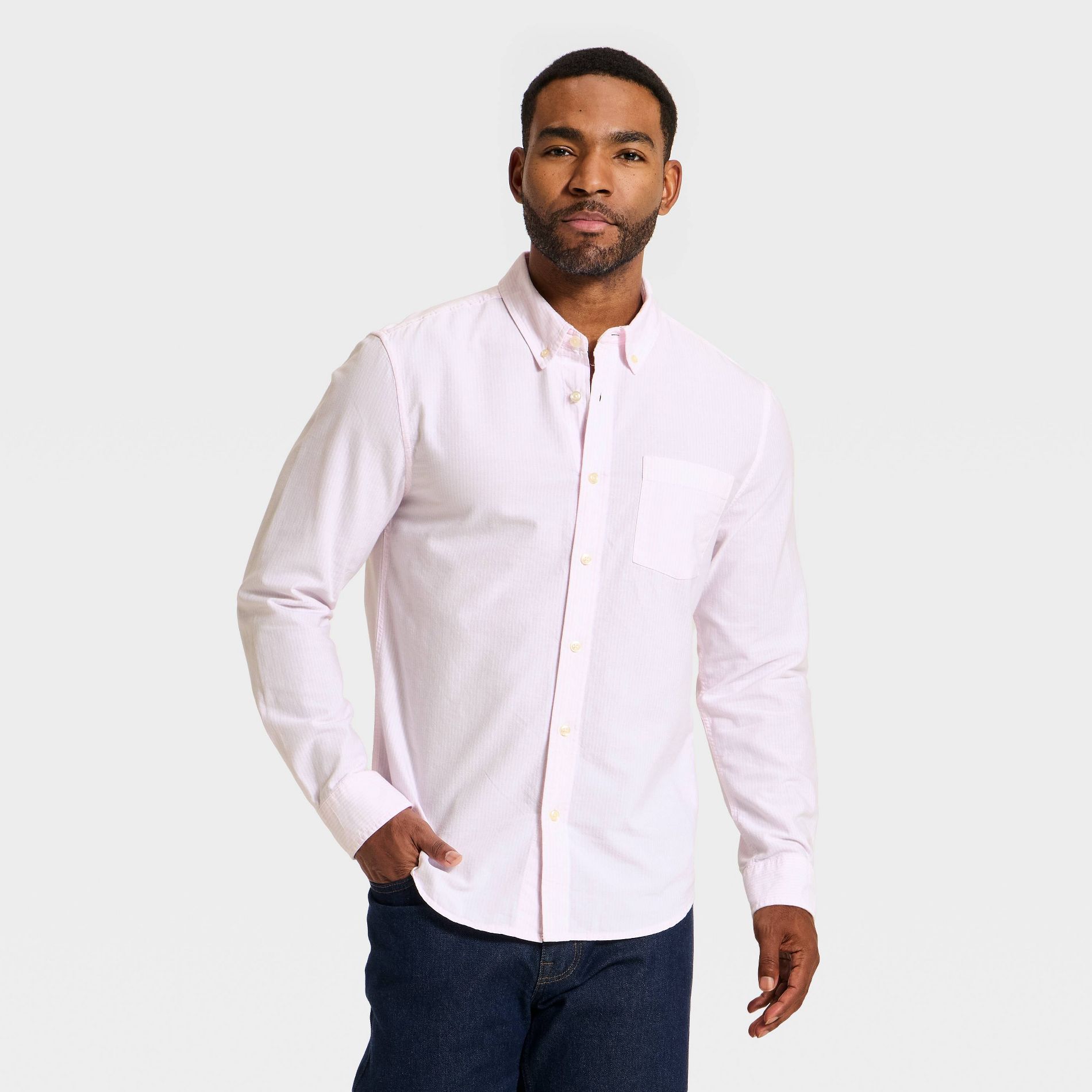 Men's Every Wear Long Sleeve Oxford Button-Down Shirt - Goodfellow & Co™ Pink Stripe L