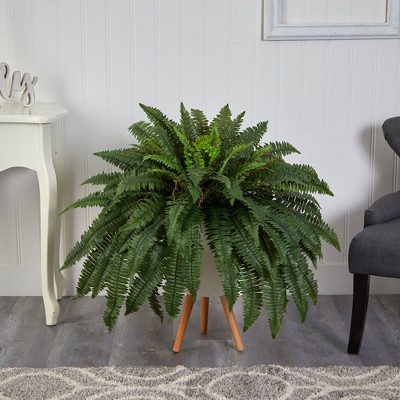 Modern Cascading Potted Fern in White Tripod Planter, 42" Tall