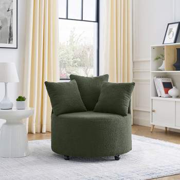Button Tufted Living Room Upholstered Swivel Chair with Movable Wheels and 3 Pillows - ModernLuxe
