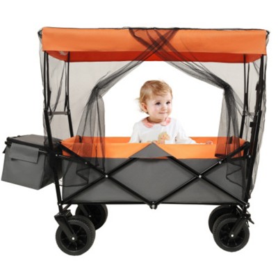 FURNIinspire Outdoor Serving Carts 480Lbs Collapsible Wagon with Canopy Lightweight Foldable Wagon with Mosquito Net, Orange, 45.28"*22.83"*38.78"