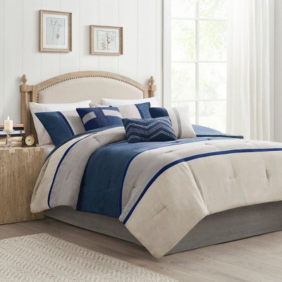 Sapphtopaz 7 Piece Comforter Set Bedding Faux Suede Reversible Quilt Stitching Colorblock Embroidery Design Hut Style Quilt Set