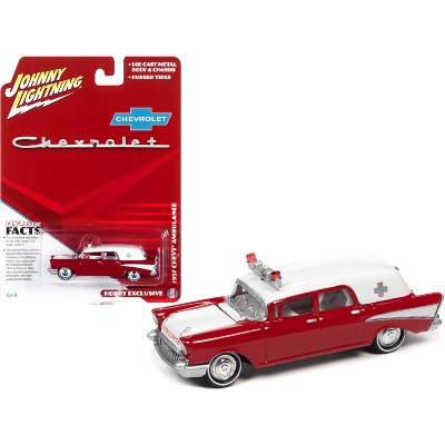 1957 Chevrolet Ambulance Kosmos Red and White with White Interior 1/64  Diecast Model Car by Johnny Lightning