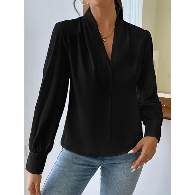 Coolmee Women's Spring Fall Fashion Blouses Long Sleeve Solid Shirts V-Neck Loose Fit Outfits Casual Office Lightweight Tops L Black