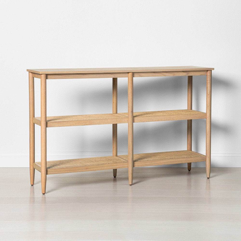 Photos - Wall Shelf Wood & Cane 3-Shelf Console Bookcase Natural: Sturdy Frame, Open Storage 