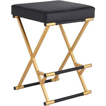 55 Downing Street Metal Bar Stool Gold 25" High Mid Century Modern Black Faux Leather Cushion with Footrest for Kitchen Counter Height Island Home