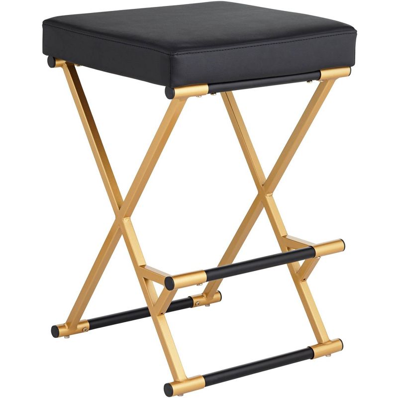 55 Downing Street Metal Bar Stool Gold 25" High Mid Century Modern Black Faux Leather Cushion with Footrest for Kitchen Counter Height Island Home, 1 of 10
