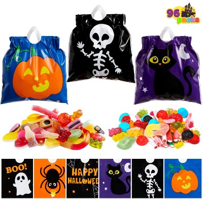 Joyfy 96pcs Halloween Drawstring Candy Bags for Party Favors，6 Designs Halloween Plastic Candy Bags with Kids Trick or Treat,Party Favors Supplies