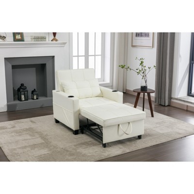 34.26"W Faux Leather/Linen/Tech Cloth Upholstered Convertible Pull Out Sleeper Sofa Bed with USB Ports, Cup Holders and Side Pockets, 4L -ModernLuxe