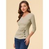 INSPIRE CHIC Women's V Neck 3/4 Sleeves Solid Knitted Buttons Decor Ruched Blouse - 4 of 4