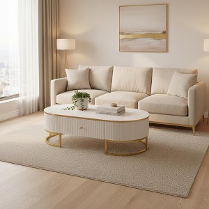 Homy Casa Oval Coffee Table with Storage Drawer and Gold Metal Base for Living Room and Apartments, White Finish - 1 of 4