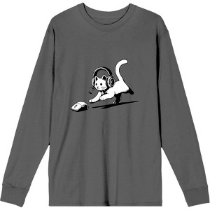 Gaming Cat Chasing Computer Mouse Adult Crew Neck Long Sleeve Tee - 1 of 2