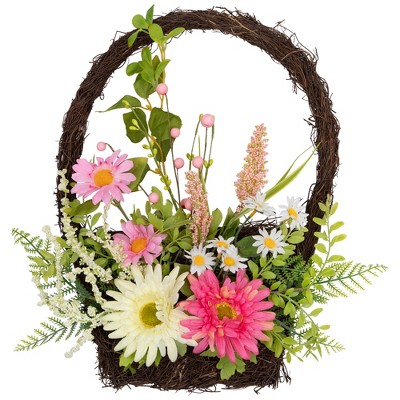 Northlight Gerbera Daisy, Veronica and Statice Spring Twig Basket Wreath - 17"