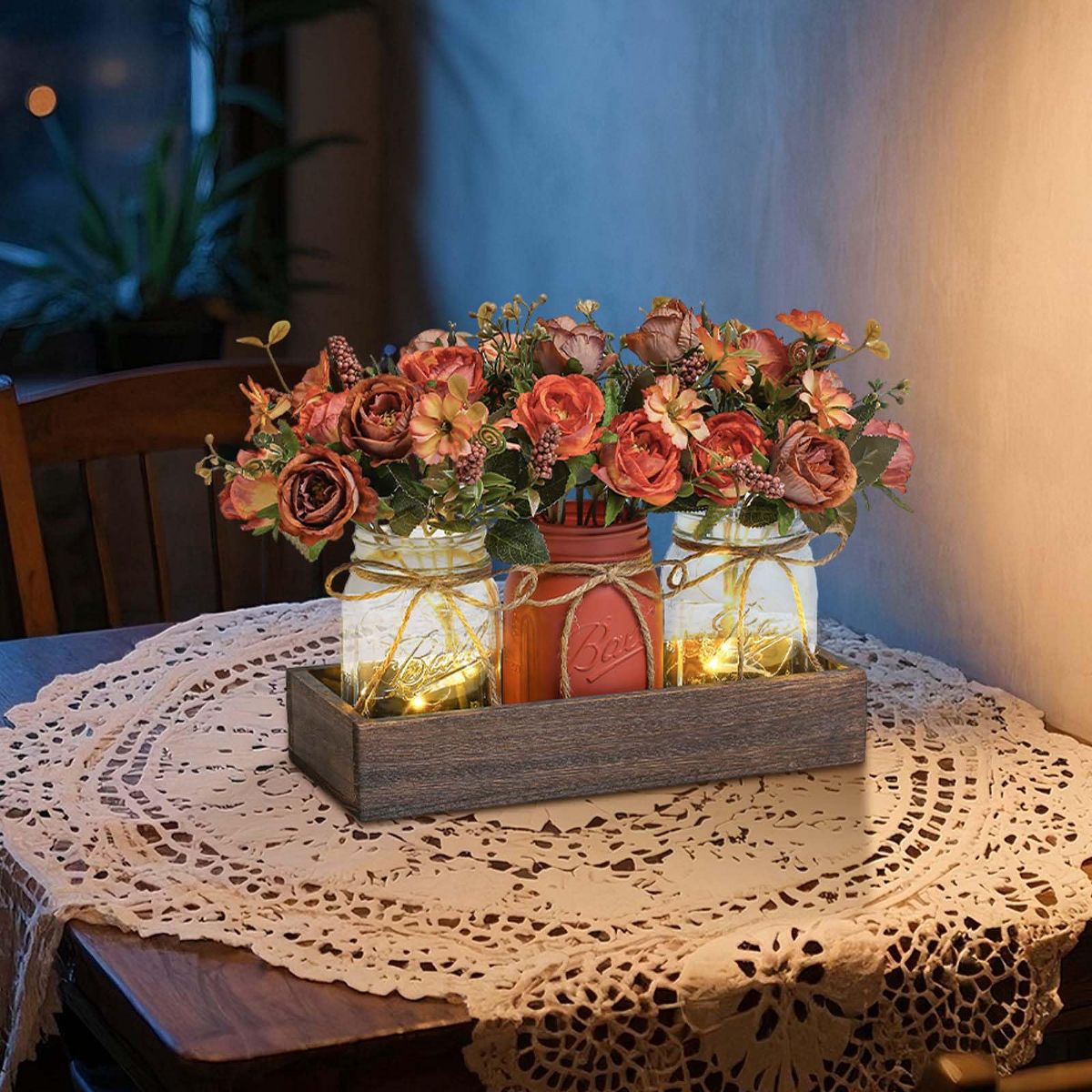 3 PCS Mason Jar Centerpiece for Table with Artificial Flowers, Coffee Table Decor with Wood Tray, Summer Decoration For Dining Room Kitchen - thumbnail 6