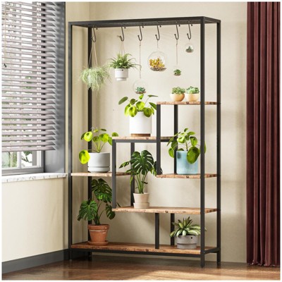 5-Tier Tall Indoor Plant Stand with Hanging Hooks and Large Metal Shelf - Multi-Purpose Display Rack for Garden