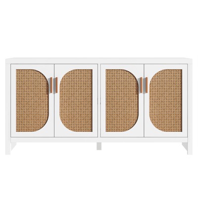 Rattan TV Stand With Wicker Doors, Adjustable Shelves, Storage Mid Century Modern TV Stand, Farmhouse Entertainment Center, Storage Cabinet