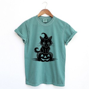 Simply Sage Market Women's Cat Perched On A Pumpkin Short Sleeve Garment Dyed Tee - 1 of 4