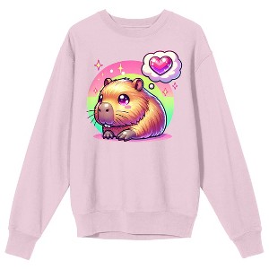 Capybara Heart Emoji Women’s Cradle Pink Crew Neck Long Sleeve Sweatshirt - 1 of 3