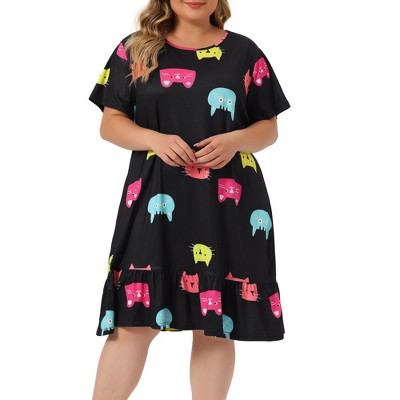 Agnes Orinda Women's Plus Size Short Sleeve Soft Comfy Lovely Cat Sleep dress