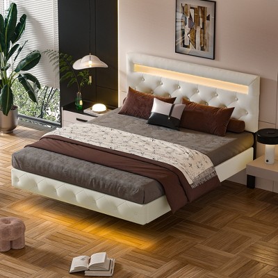 Queen Size Floating Bed Frame with LED Lights,Upholstered Leather Headboard Platform, Under Storage Space, Solid Wood Slats,Beige