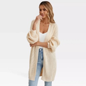 Women's Long Sleeve Cardigan Open Front Rib Knit Longline Coats with Lantern Sleeves and Loose Fit Sweater,Apricot - M - 1 of 4