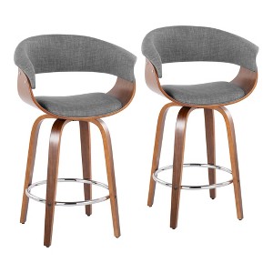 26" Mid-Century Modern Counter Stool with Swivel, Cushioned Seat, Bent Wood Legs and Round Metal Footrest for Kitchen or Home Bar, Set of 2 - 1 of 4