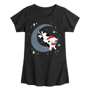 Girls' - Instant Message - Christmas Santa Cow Jumping Over Moon Fitted Short Sleeve Graphic T-Shirt - 1 of 4
