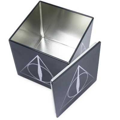 Black Tin Cube Storage Box with Deathly Hallows Design