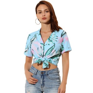 Allegra K Women's Hawaiian Floral Leaves Printed Short Sleeve Button Down Vintage Shirt - 1 of 4