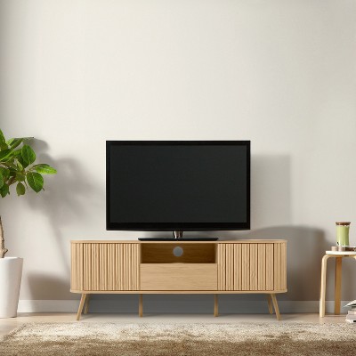 Damien 70" Oak Farmhouse Curved TV Stand with Drawer and Storage Doors