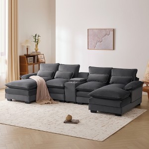 123"W Modern U-Shaped Sofa with Console, Cup holders and USB Ports, 6-seat Upholstered Couch Set with Chaise - ModernLuxe - 1 of 4