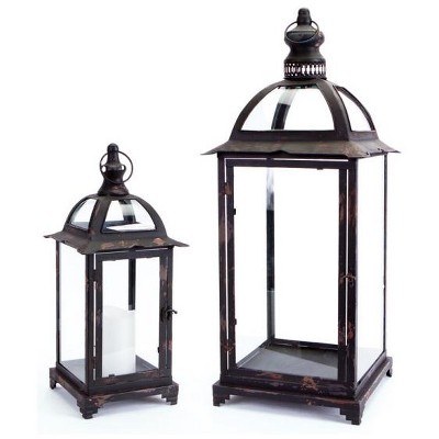 Melrose Set of 2 Pagoda Crest Weathered Iron and Glass Pillar Candle Holder Lanterns - 26"