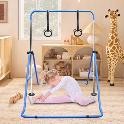 VisioGear Kids Gymnastic Bar, Multi-Functional Adjustable Height Children's Horizontal Gymnastic Bar With Bear Rings, Blue, 39"*57"*51"
