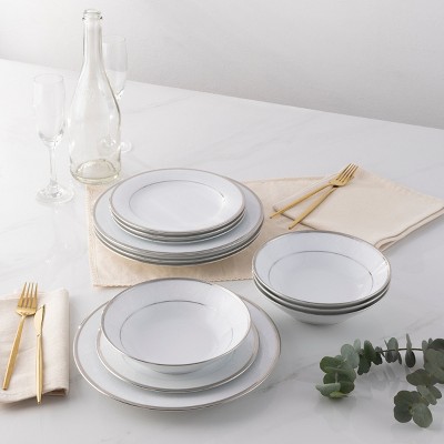 White Porcelain 12-Piece Dinnerware Set with Platinum Band
