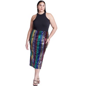 ELOQUII Women's Plus Size Rainbow Striped Sequin Midi Skirt - 1 of 4