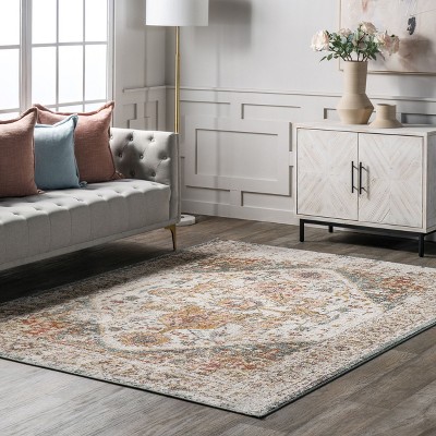 Beige Medallion Rectangular Easy Care Synthetic Rug