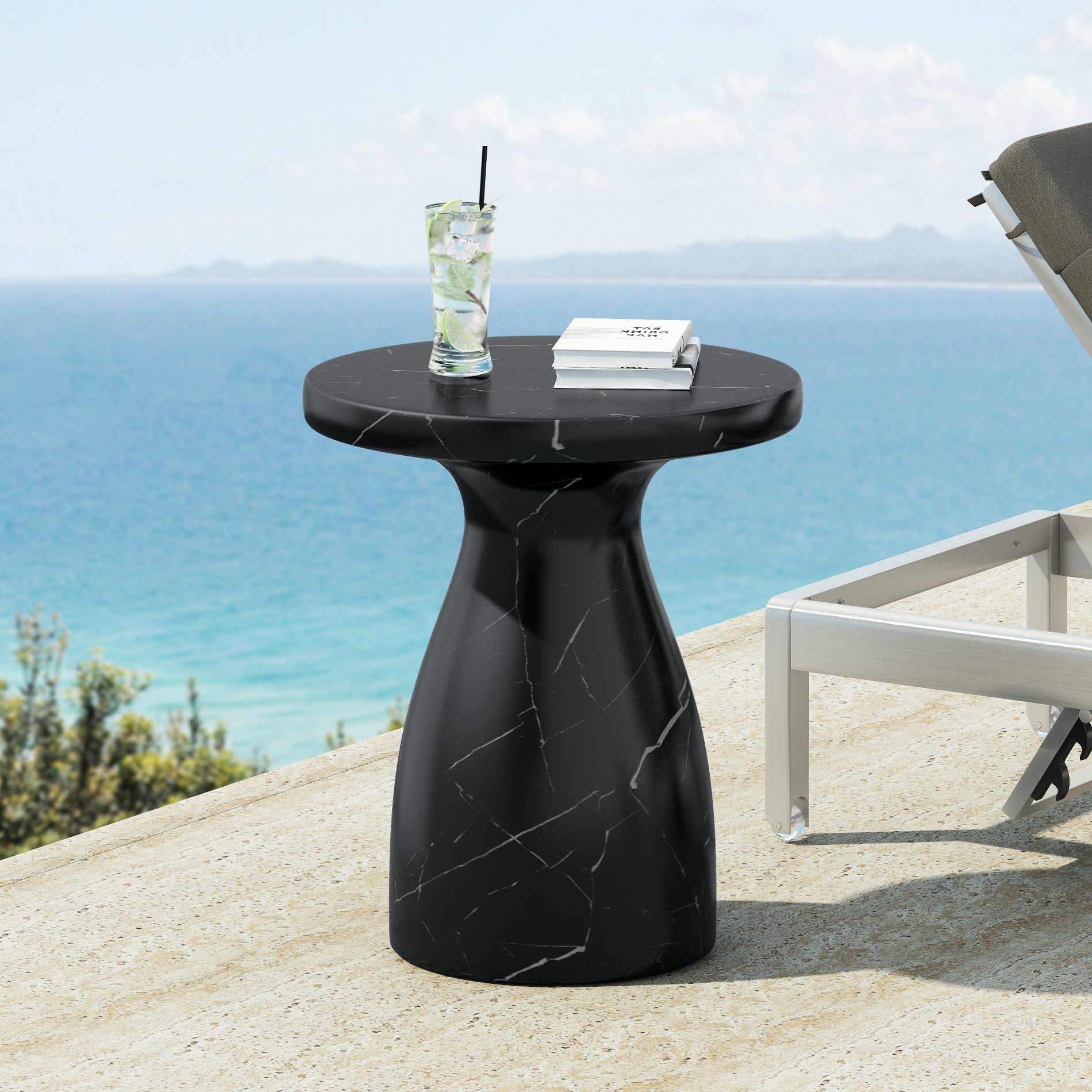 Christopher Knight Home Genesis Outdoor Hourglass Shape Lightweight Concrete Side Table, Black Marble Pattern
