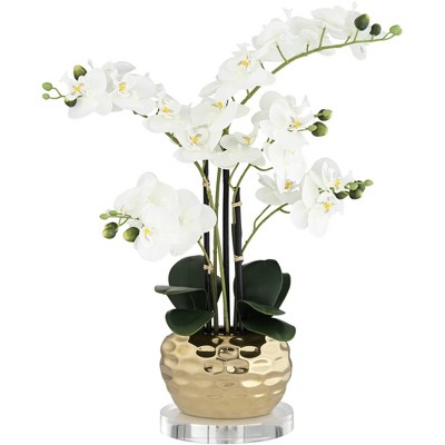 Dahlia Studios Potted Faux Artificial Flowers Realistic White Orchid in Gold Pot with Round Riser Home Decor Living Room 23" High