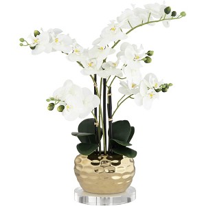 Dahlia Studios Potted Faux Artificial Flowers Realistic White Orchid in Gold Pot with Round Riser Home Decor Living Room 23" High - 1 of 4